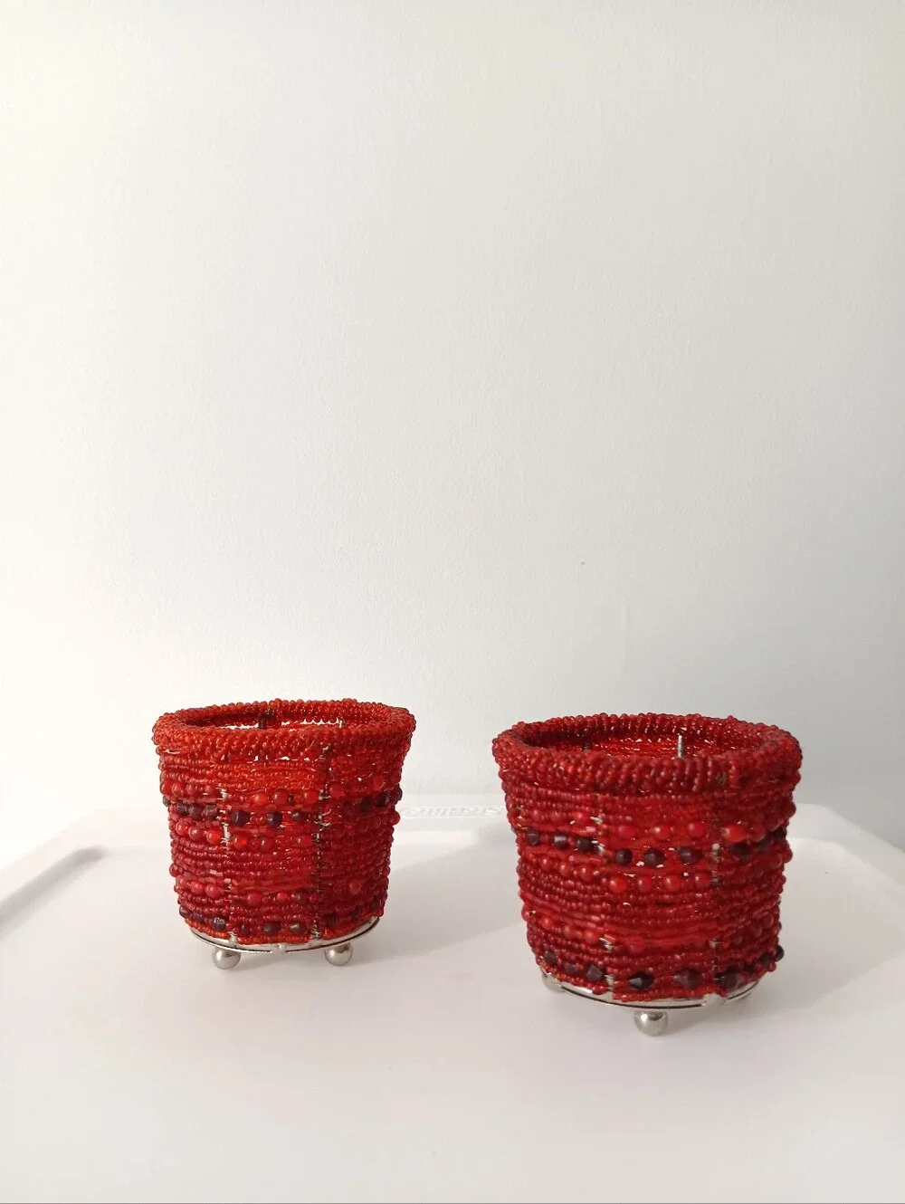 Pottery Barn Sunset Beaded Red Tealight Votive Candle Holders Set of 2 Silver 2